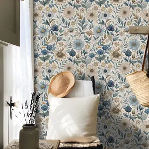 Elegant Blue Floral Peel-and-Stick Wallpaper - Waterproof, Removable Vinyl Contact Paper with French Style Design for Bedroom, Living Room, Cabinets & Furniture Makeover, 44cm/17.32ft Lengths Available, Bedroom Wall Decor