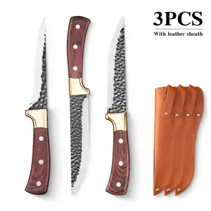 Premium 3PCS Kitchen Knife Set – Hammered Stainless Steel Chef Knives with Wooden Handle & Leather Sheath outdoorfun february faves
