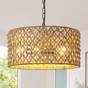 5-Light Boho Rattan Pendant Light, 18" Hand Woven Chandelier Wicker Coast Light Fixture Bohemian Hanging Ceiling Lights Natural Lighting for Dining Room Kitchen Island Living Room Bedroom