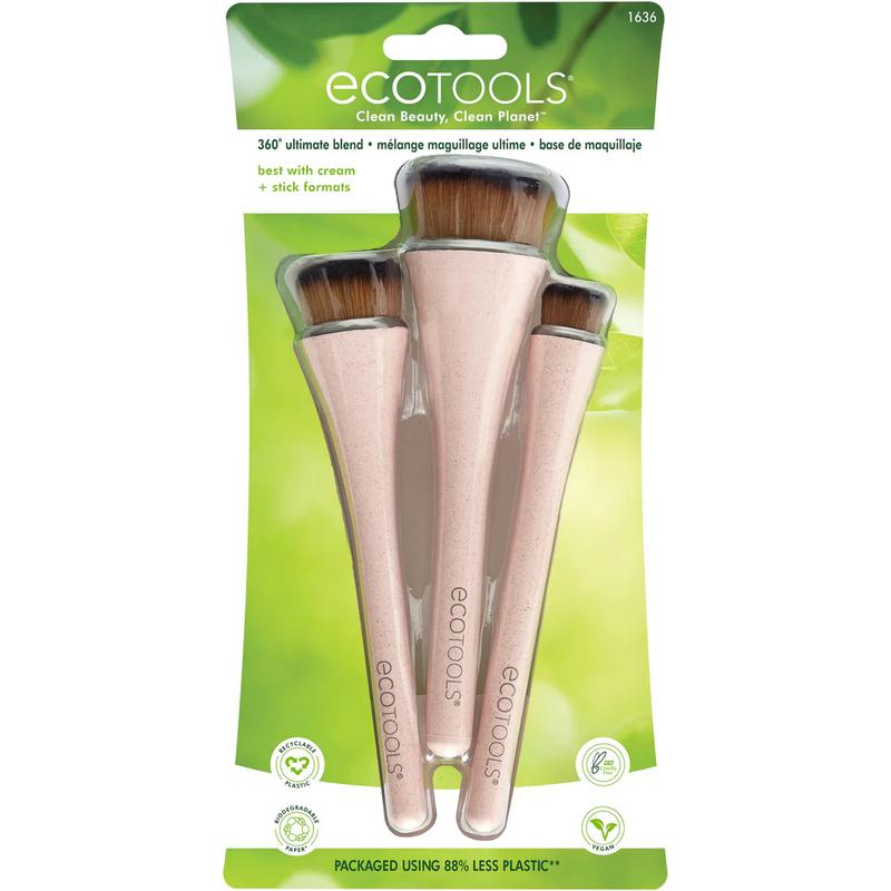 EcoTools 360 Ultimate Blend Makeup Brush Kit for Cream Liquid & Powder Foundation Blush & Bronzer Vegan Cruelty-Free 3 Piece Set for Flawless Application