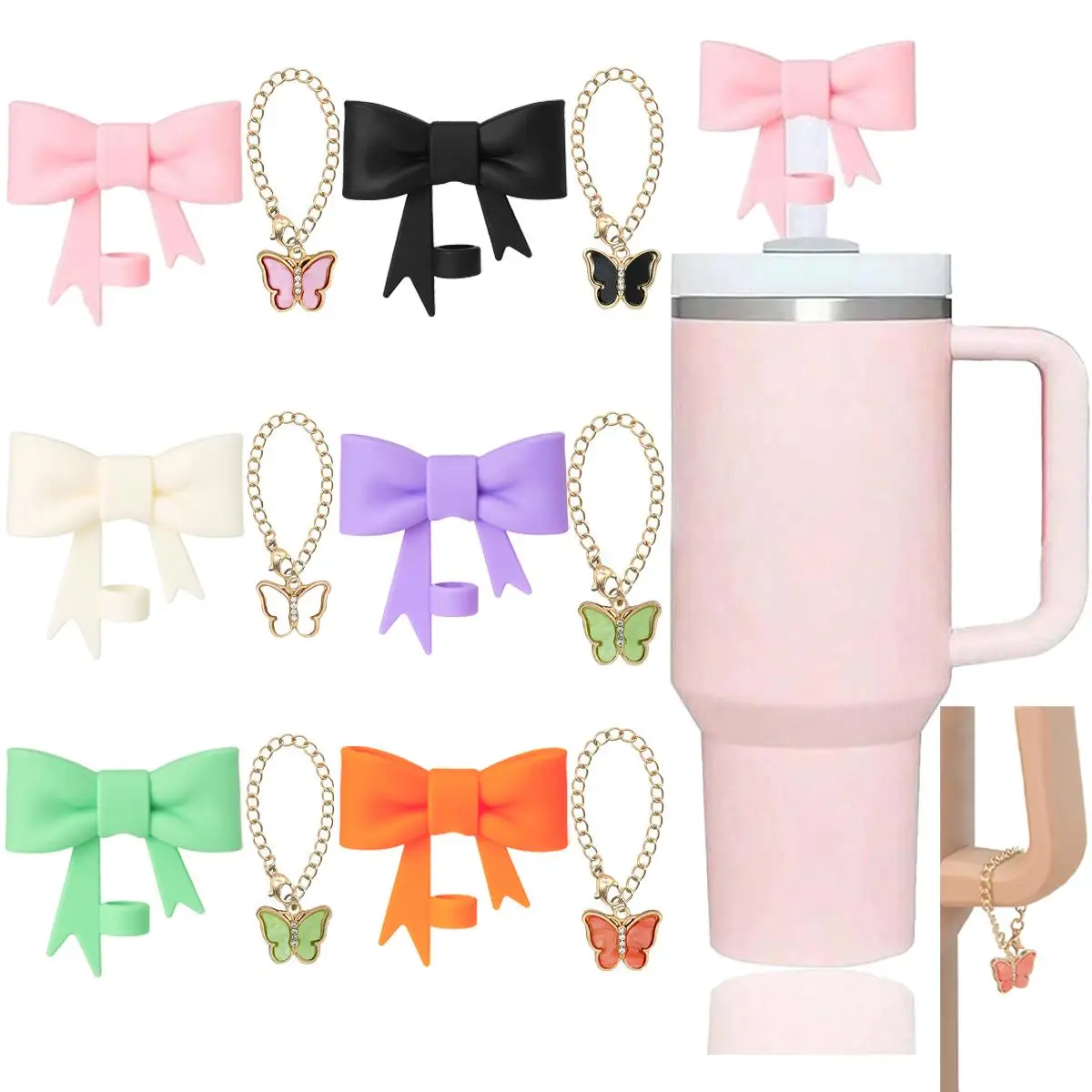 Cute Chain Charm and Straw Cover Cap Set, 1 Count Bowknot Design Silicone Straw Top Cover & 1 Count Butterfly Design Charm, Water Bottle Accessories [