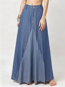 ZANZEA Women's Casual Denim Patchwork Skirt, Fitted A-Line Long Skirt Design, Perfect for Daily, Everyday, Comfortable and Stylish, Womenswear
