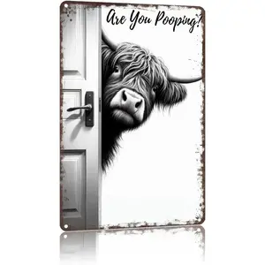 Vintage Highland Cow Metal Sign Wall Art 8x12inch With "Are You Pooping?" Quote,Western Bathroom Decor Funny Wall Art