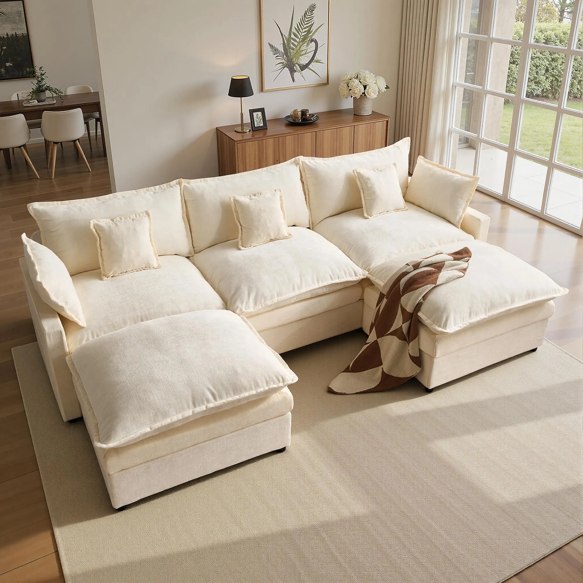 108" Beige Chenille U Shaped with 2 Ottoman