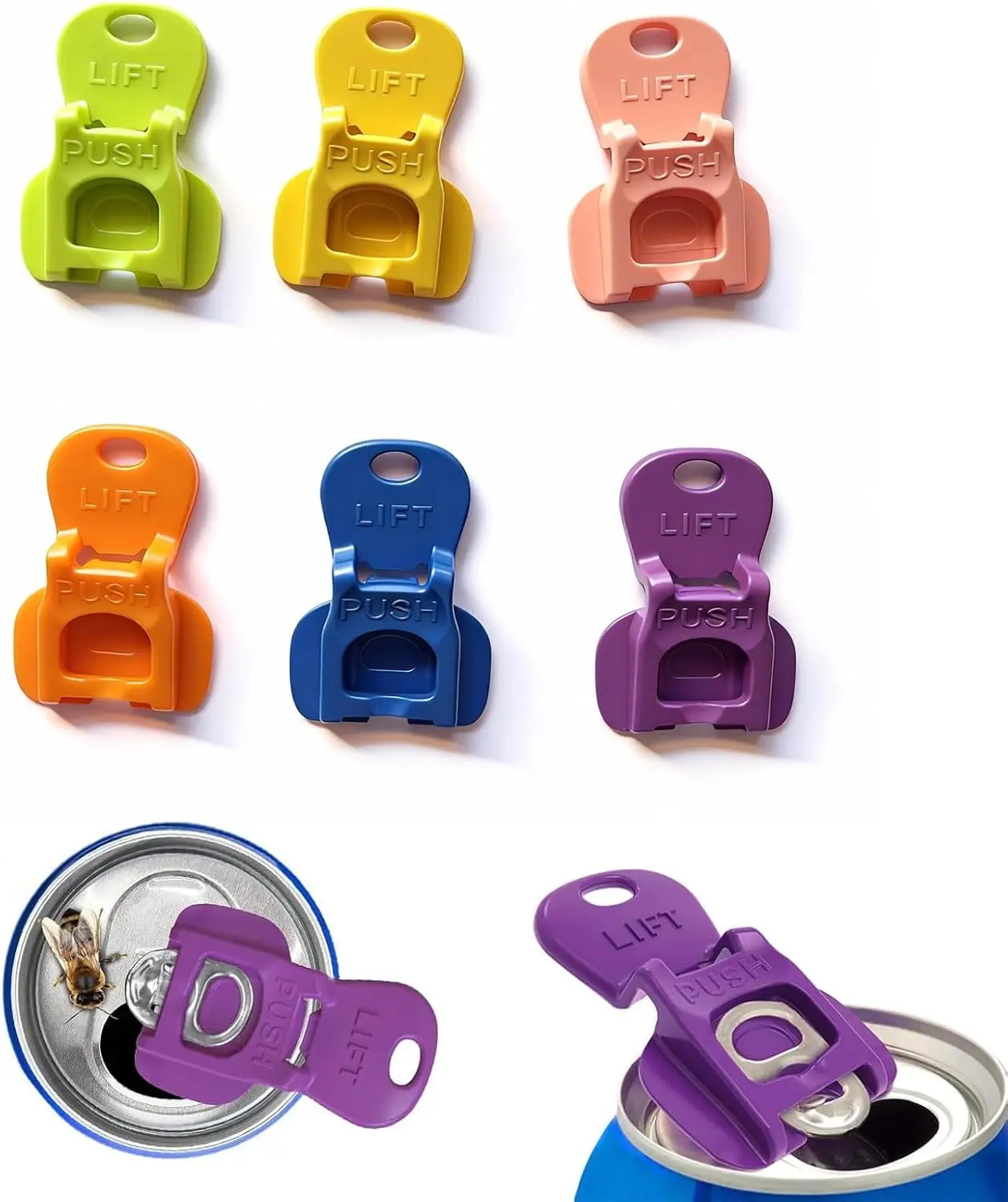 6 PCS Keychain Shaped 1-Hand Kitchen Drink Opener Openers with Colorful Lightweight Leak-Proof Reusable Covers - For Coke, Beer Aluminum Cans | Ideal for Parties, Camping, Keychain Shaped Openers