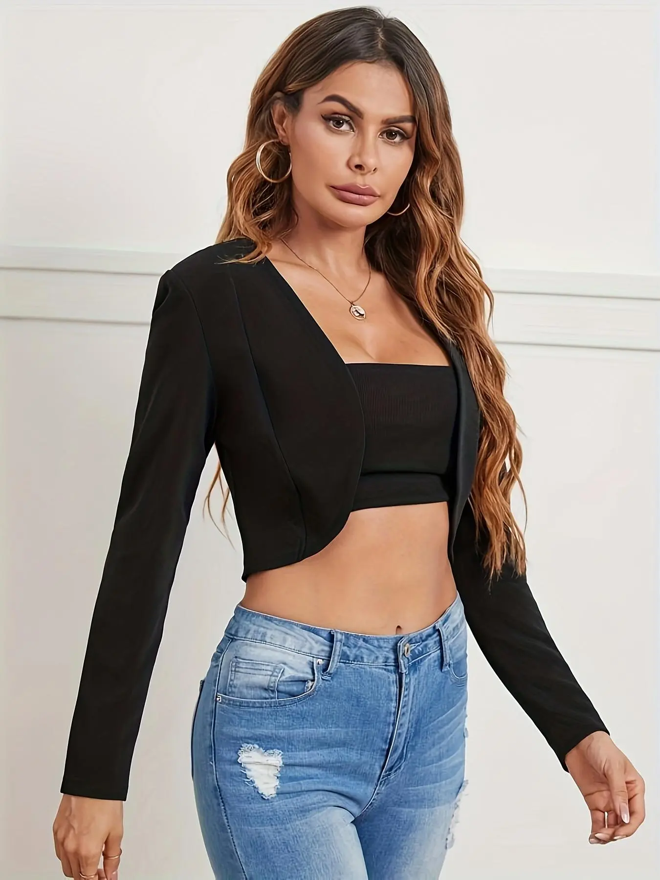 Women's Solid Long Sleeve Crop Blazer Jacket Without Tee, Casual Business Blazer For Spring & Fall, Ladies' Clothes For Work Office Business, Business Attire Clothes, Womenswear