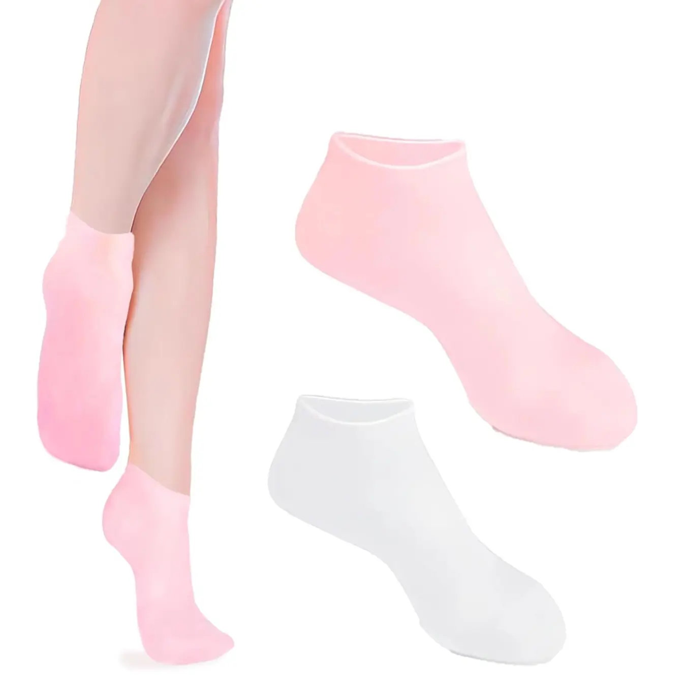 2 Pairs Silicone Socks for Women - Soft Gel Aloe Moisturizing Socks for Women's Spa Pedicure, Cracked Heels and Softening Rough Skin - Pink & White Home Foot Spa Womenswear