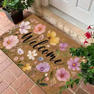 Countryside Style Doormat Featuring Colorful Flowers And a 'Welcome' Slogan, Settings Such As Living Room, Kitchen , Entrance , Bedroom.