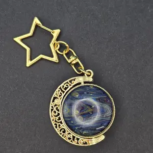 Gold Moon Keychain spinning hand painted stones double sided fidget with star clip
