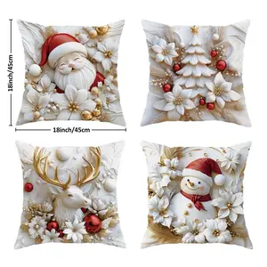 4pcs 2D Flat Printing Christmas Floral Pillow Covers, Gold Cosy Decorative Cases, One Sided Print for Living Room Bedroom Sofa Bed
