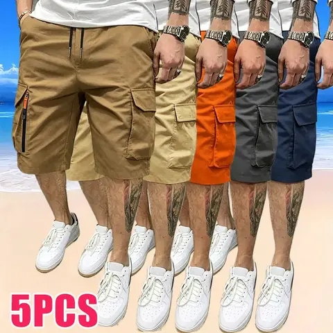 Men's Baggy Cargo Shorts 5-Pack - Elastic Waist with Adjustable Drawstring, 5 Pockets, Comfy Stretchy Sport Casual, Faux Zippers, Ideal for Outdoor Running Hiking, Great Gift for Family