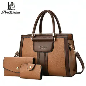 Port&Lotus Stylish Top-Handle Bag, PU Leather Satchel, Everyday Bag, Medium Capacity Handbag Set for Women with Contrast Trim with Matching Wallet & Card Holder
