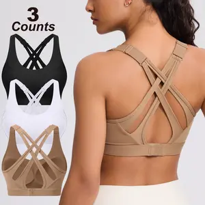 Women's Sports Bra with Sewn in Pads  – Adjustable Hook-eye Closure Criss-Cross Back, Adjustable Straps Workout  Running Yoga Molded Cups Bras