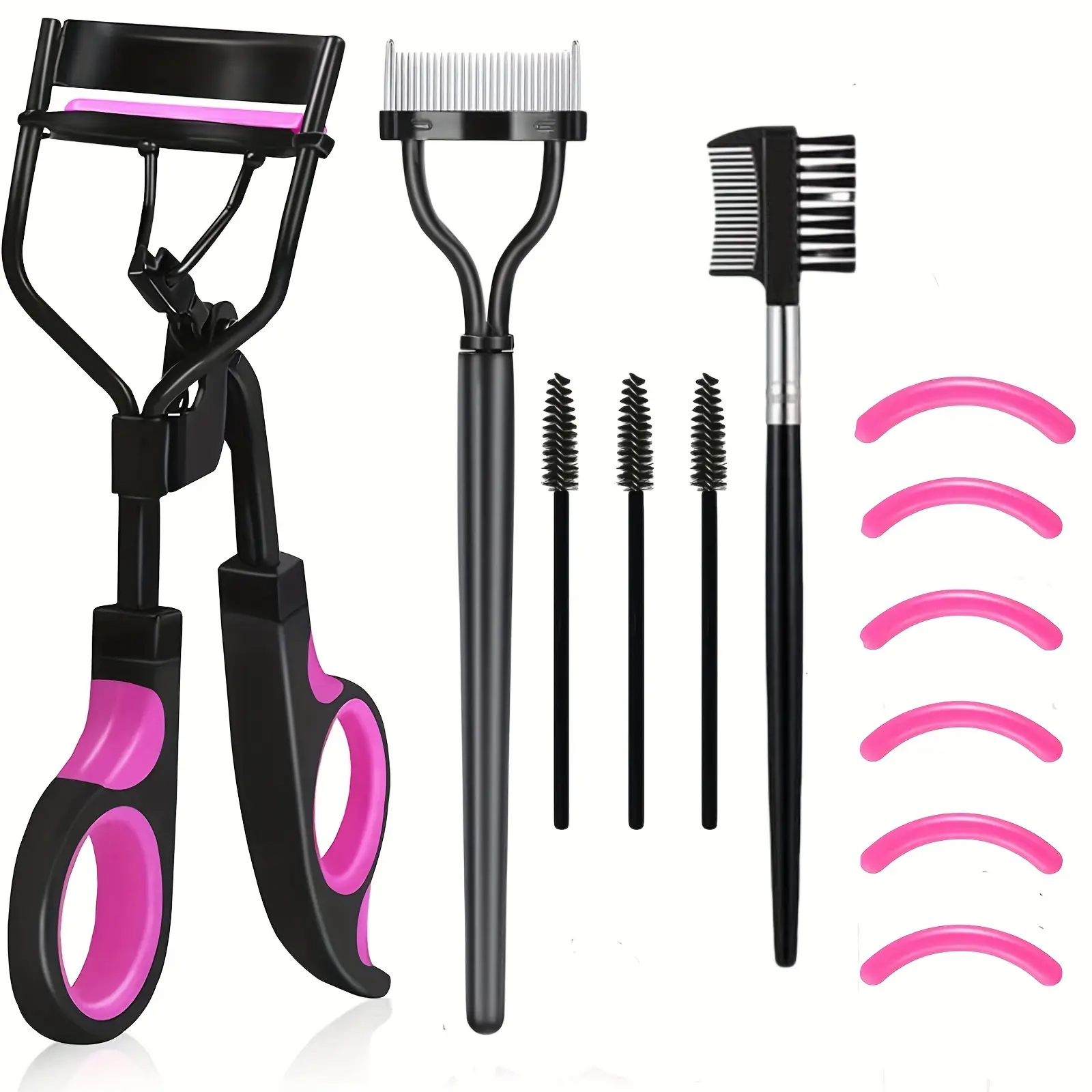 Eyelash Curler & Eyebrow Brush Beauty Kit, Eyelash Curler Set, 1 Count Eyelash Curler & 1 Count Comb & 1 Count Double-sided Eyebrow Brush & 3 Counts Mascara Brush & 6 Counts Curler Pad, Lash Tools