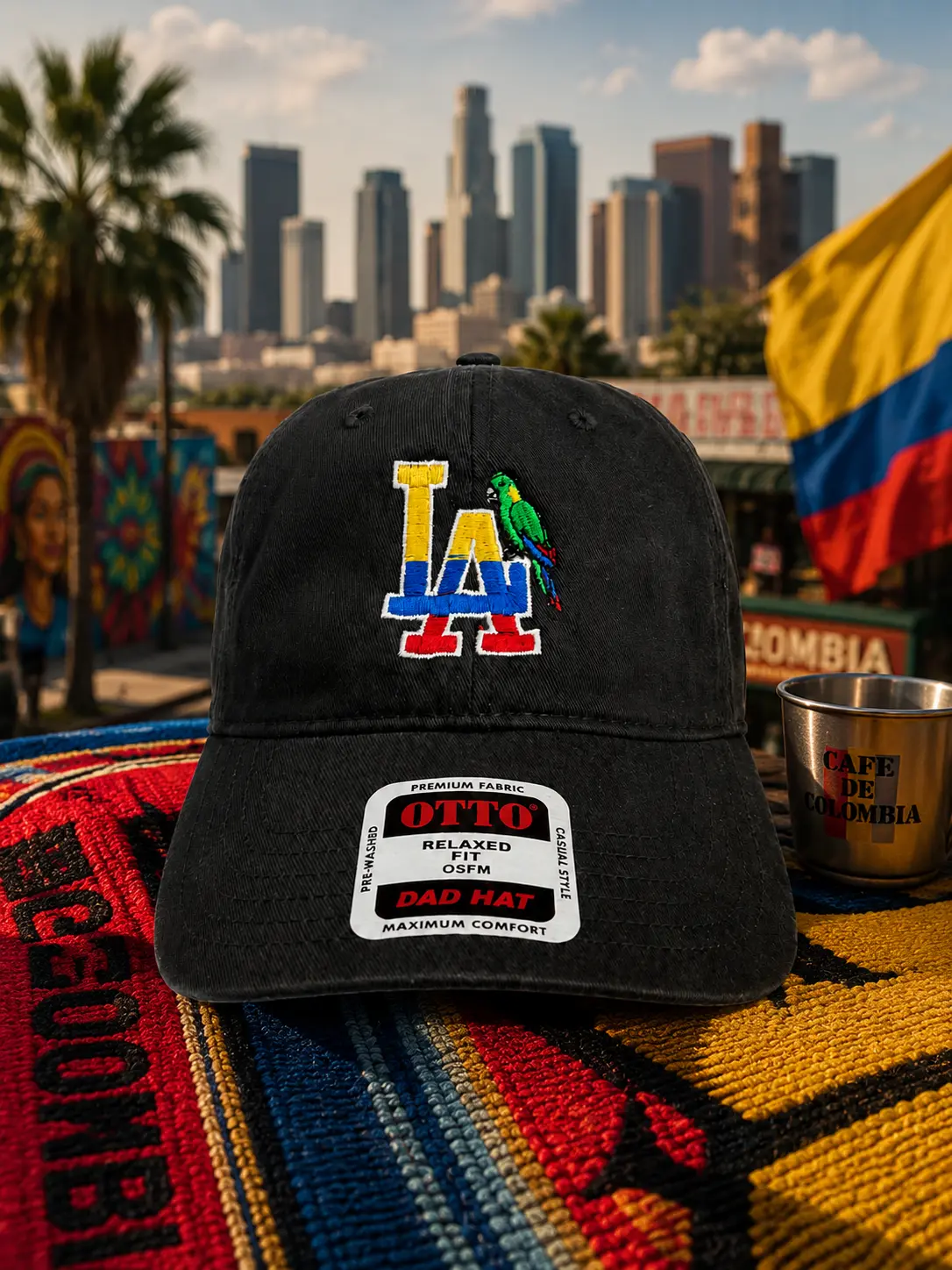 LA Colombia Embroidered Dad Hat | Colombian Flag LA Cap with Parrot | Adjustable Black Hat