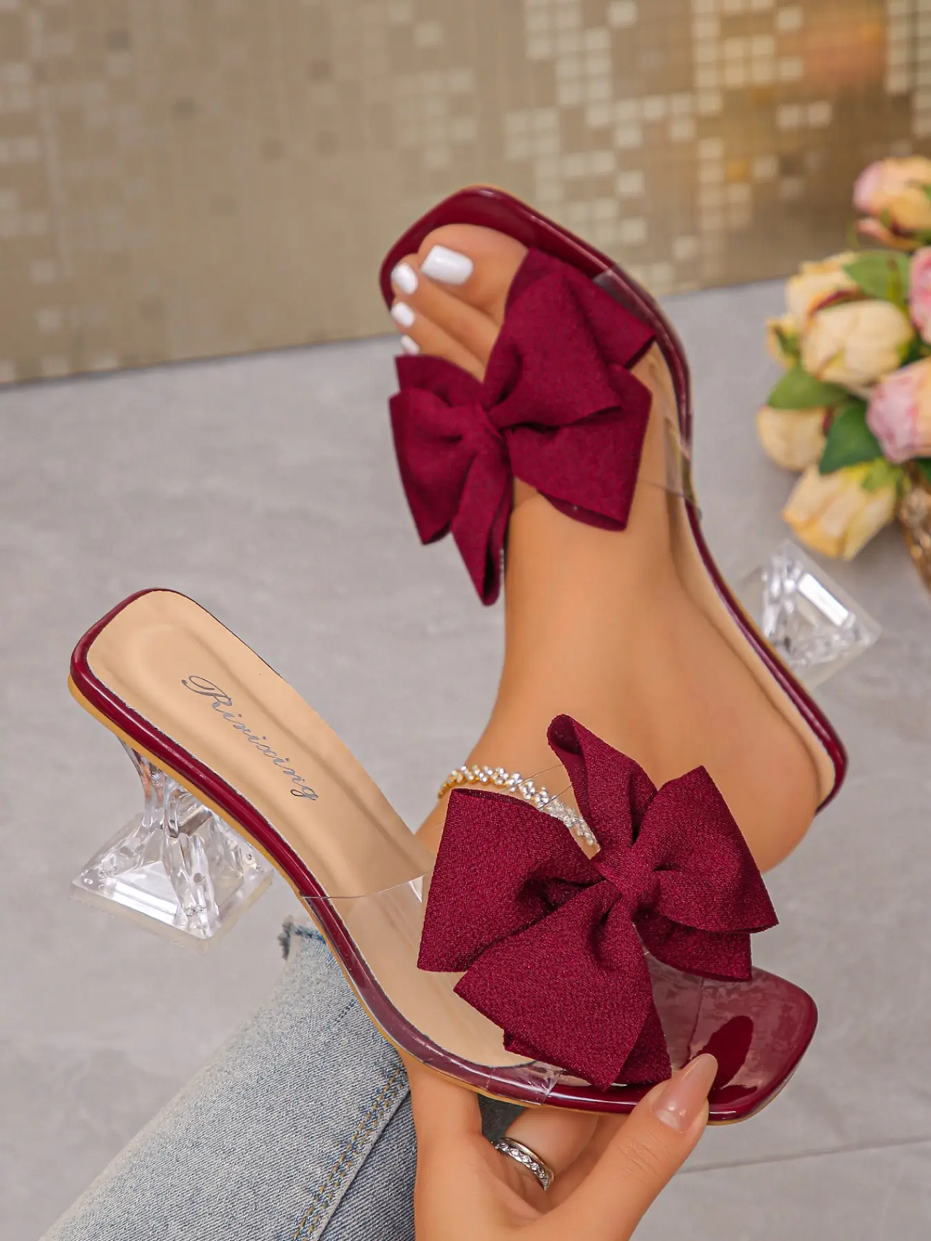 Women's Bowknot Transparent Heeled Open-Toe Sandals, Chic Party Fashion Style, Elegant Summer Footwear, Comfortable & Stylish Design.Luxury Coquette Shoes, Clear Heel Bow Slides, Elegant Party Sandals, Rubber, Fancy Sandals, Bowknot Heels
