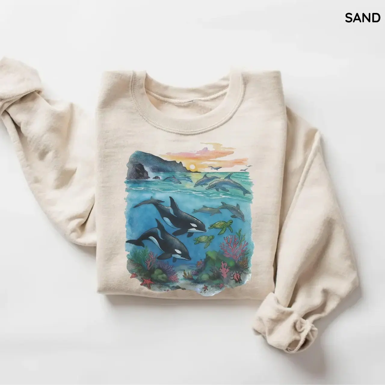Orcas Sunset Sea Scene Sweatshirt, Vintage 90s Ocean Graphic Crewneck, Retro Orca Whale Pullover, Sea Turtle Coastal Sweatshirt, Beach Lover Gift, Cozy Nature Apparel,Cotton Top Womenswear