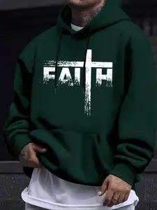 Men's Letter Cross Print Fleece Hoodie, Casual Unisex Fall & Winter Pullover, Moderate Fabric, Fitted Style, Versatile Hooded Top, Graphic Sweatshirts