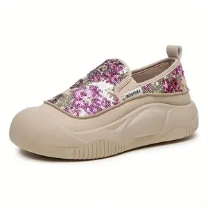 Women'S Glitter Slip-On Sneakers - Breathable PU Upper & Non-Slip PVC Sole, Trendy Striped Design with Sparkling Purple & Pink Accents, Comfortable Everyday Shoes for Casual Wear, Ladies Sneakers, Comfortable Footwear, Fashionforward Footwe