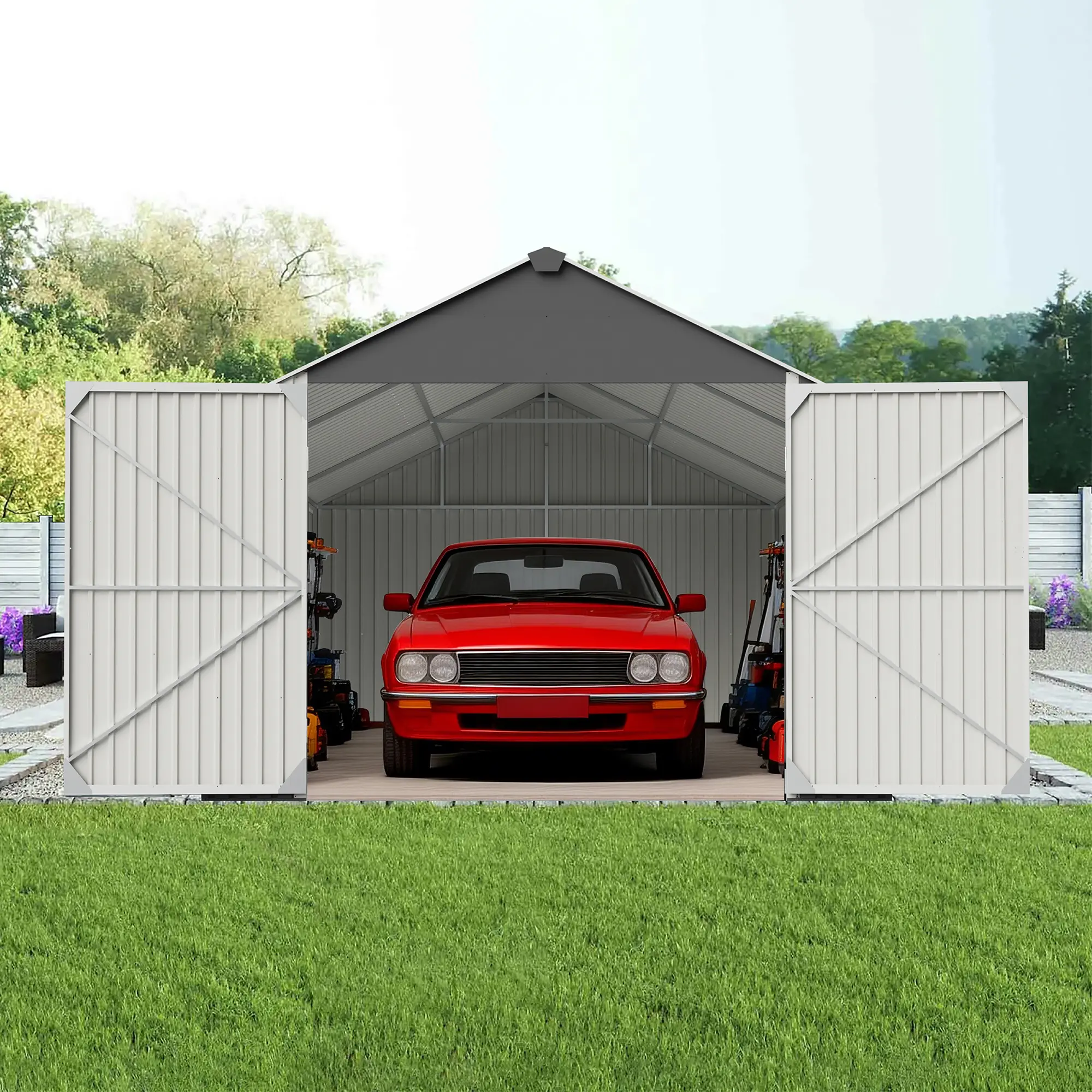 12x20 FT Sturdy Galvanized Steel Outdoor Patio Garage Shed, Waterproof All-Weather Tool Shed with Double Doors, 2 Windows, Easy Assembly, Sun Protection Dark Gray Secure Workshop for Car, Motorcycle & General Storage Room