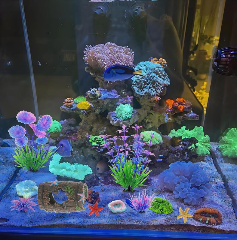 9 PCS Aquarium Artificial Plastic Plants Decorations and Broken Barrel Decor Set Goldfish Betta Fish Tank Accessories Small Large Fish Bowl Ornaments