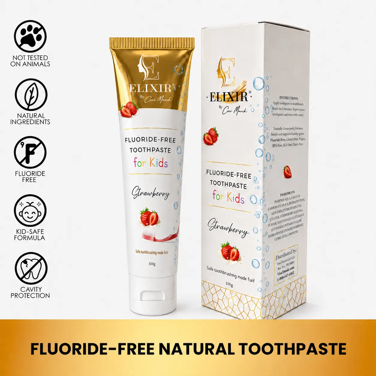 Elixir by Cocó March Fluoride Free Natural Toothpaste for Kids, Delicious Strawberry Flavor, Fresh Breath, Clean Teeth and Healthy Gums for Children, 100g