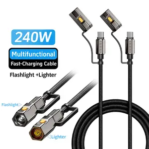 240W 4-in-1 Emergency USB C Charging Cable with Flashlight, Fast Charging Travel Cable for iPhone, Android, Samsung, Car, Camping & Road Trip Accessories