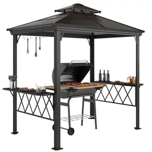Outsunny 9 x 5 ft. Grill Gazebo, Hardtop BBQ Gazebo Canopy with 2-Tier Polycarbonate Roof, Shelves, Serving Tables, and Hooks, for Backyard, Patio, Lawn, Coffee