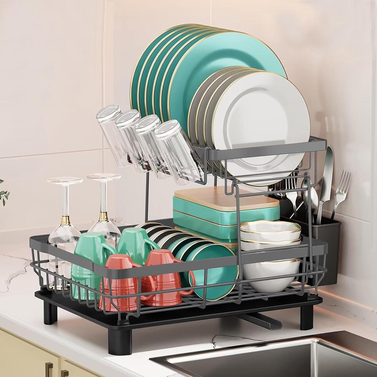 2 Tier Dish Drying Rack with Drainboard Adjustable Spout Utensil Holder and Knife Slots,Space-saving,Suitable for kitchen countertops,Keeps countertops clean and tidy,Easy to install,Beautifully crafted,Rotatable drainage system,Disassembleable