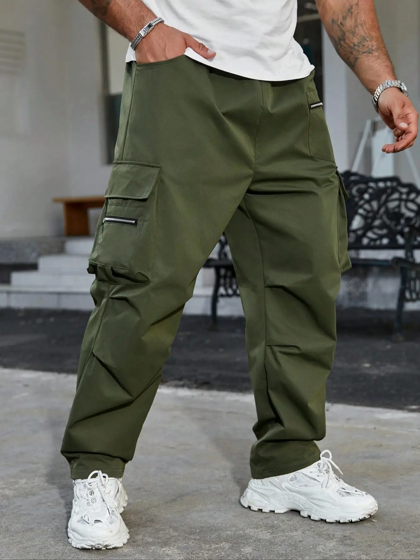 【Plus Size】 Men's Solid Color Drawstring Waist Cargo Pants, Casual Pocket Zipper Design Trousers for Daily Wear, Fashion Men's Bottoms for All Seasons