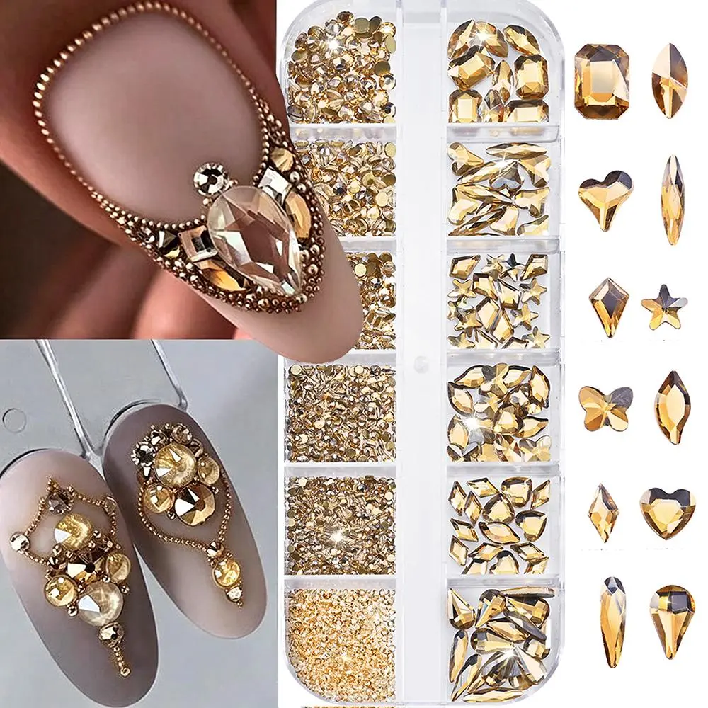 12Grids 3D Glass Champagne Crystal Nail Diamond Multi-Shapes Flatback Bedazzling Nail Art Rhinestones Flatback Nail Gems Decora