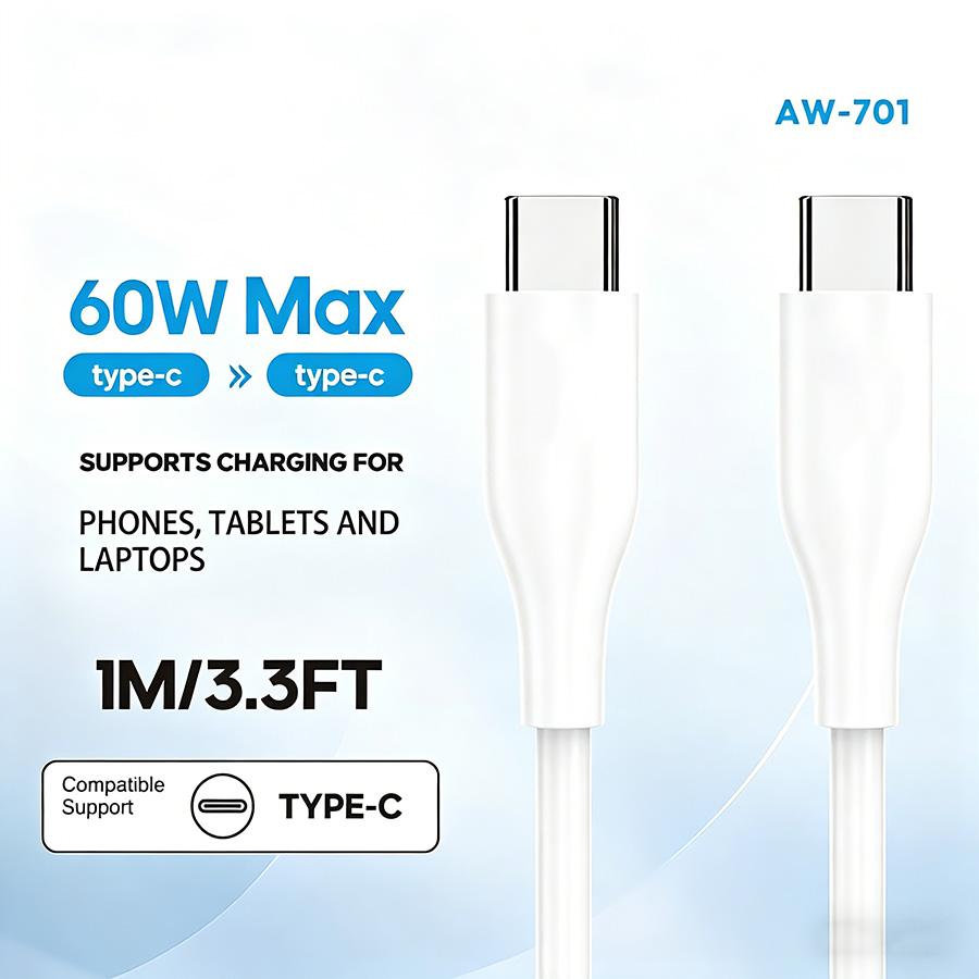 60W USB‑C to USB‑C fast charging cable, PD fast charge and data sync, durable soft TPE, tangle‑free and bend‑resistant, 3.3 ft cord for iPhone 17/16/15, Samsung, Pixel, iPad Pro, MacBook, Switch