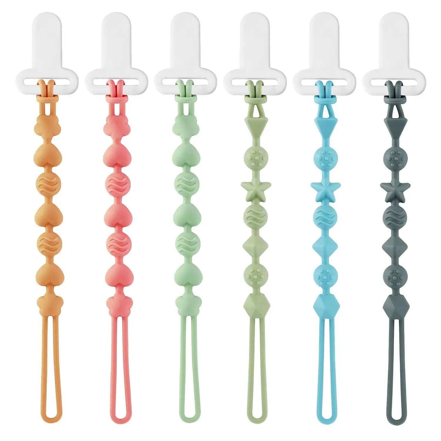 BX-SRD31 6 Pack Silicone Pacifier Clips, One Piece Design Teething Pacifier Holder Clip, Neutral Baby Paci Clips Boys & Girls, Binky Clips Pacifier Straps Chain for Toys Teethers