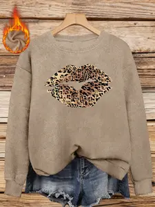 Soft Faux Fur Knitwear Round Neck Top, Leopard Print Graphic, Casual Comfortable Fit, Vintage Style, Fall & Winter Fashion