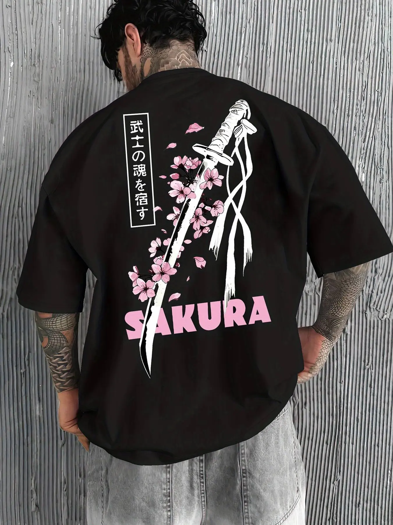 Men's Fashion Classic Japanese Samurai Sword & Cherry Blossom Print Fitted T-Shirt, Summer Round Neck Short Sleeve Casual Top for Outdoor Wear