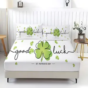 St. Patrick's Day Themed Shamrock Patterned Fitted Sheet Set, Including 1 Sheet And 2 Pillowcases, Comfortable Bedding, Bedroom Decor