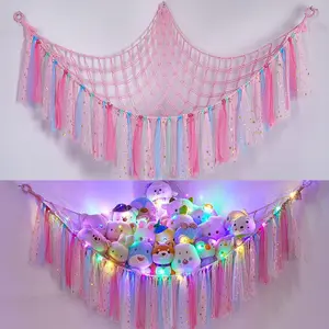 Stuffed Animals Storage Net Hammock with LED Lights – Hanging Toy Organizer for Kids Nursery & Bedroom Wall Décor