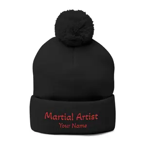 Embroidered 'Martial Artist' Pom-Pom Knit Cap — Custom Name Beanie