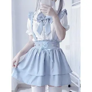 2026 Summer Japanese Fairy Blouse Sweet All Match Doll Collar Shirt Kawaii Cute Pink Lolita Strap Dress 2-piece Set Women's New