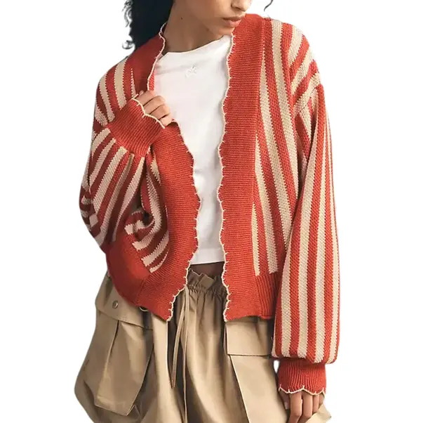 YeeZaa Knitted Cardigan For Women Contrast Bold Stripe Sweaters Long Sleeve Loose Open Front Y2k Vintage Knitwear Tops Scalloped Trim Chunky Striped Jumper Knit Shirt