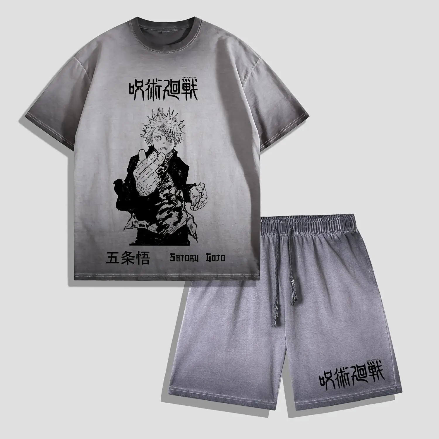 Men's 2-Piece Graphic T-Shirt & Shorts Set, Fitted Cotton Anime Style Jujutsu Kaisen Gojo Figure, Shortsleeve Casual Activewear, Sportswear, Anime Character Print Men's Short-Sleeve T-Shirts, Athletic
