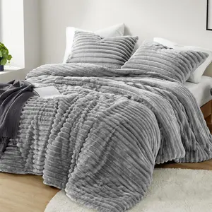 Queen Comforter Set, Cozy Plush Bedding, Microfiber Reverse, 3 Piece, Lightweight, Soft Ribbed Velvet Comforter 2 Shams, All Season Bed Set, Avril, Full/Queen Grey