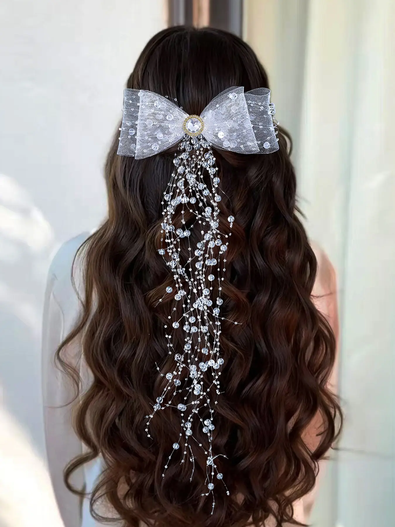 Elegant Crystal Tassel Hairband, Handmade Bow Clip for Weddings & Parties, All-Season Plain Design Accessory