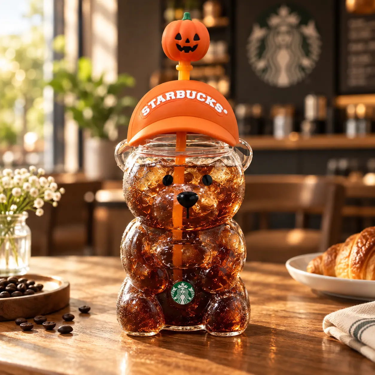 Starbucks Bear Glass Tumbler with Green Dome Lid & Reusable Straw, 590ml Cute Iced Coffee Cup for Cold Brew, Tea & Everyday Drinks