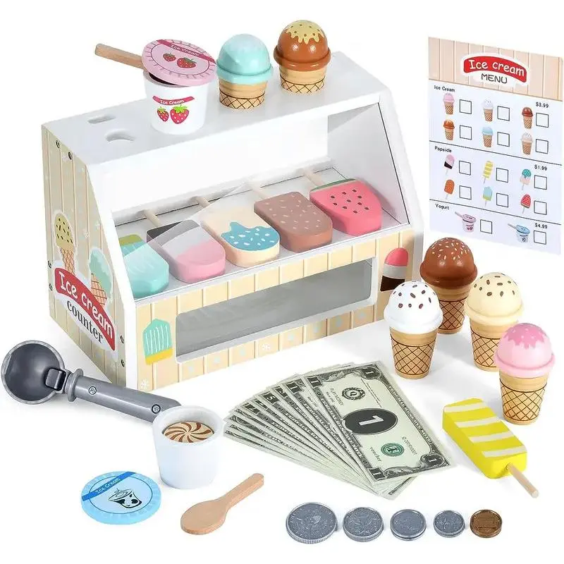 Christmas Toys Christmas ToysWooden Ice Cream Counter Playset for Toddler Toys,  Montessori Pretend Play Food Toys Kitchen Accessories