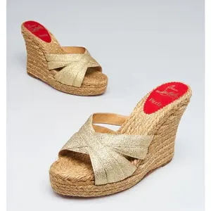Christian Louboutin Gold Ribbon Espadrille Wedge Sandals Size 39 (Fit Like US 8)