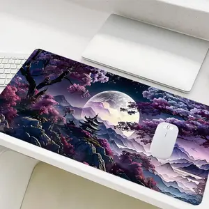 Japanese Nightscape Cherry Blossoms Full Moon Mouse Pad, Rectangle Gaming Mouse Pad, Non-Slip Rubber Base Stitched Edge Desk Pad for Home Office Game
