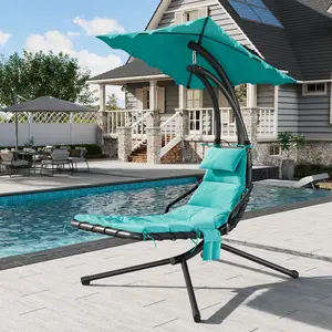 Outdoor Hanging Chaise Lounge Swing Chair with Umbrella, Curved Steel Frame Hammock Lounger with Removable Cushion, Floating Patio Relaxation Chair for Poolside Backyard Porch Garden Deck in Multiple Colors
