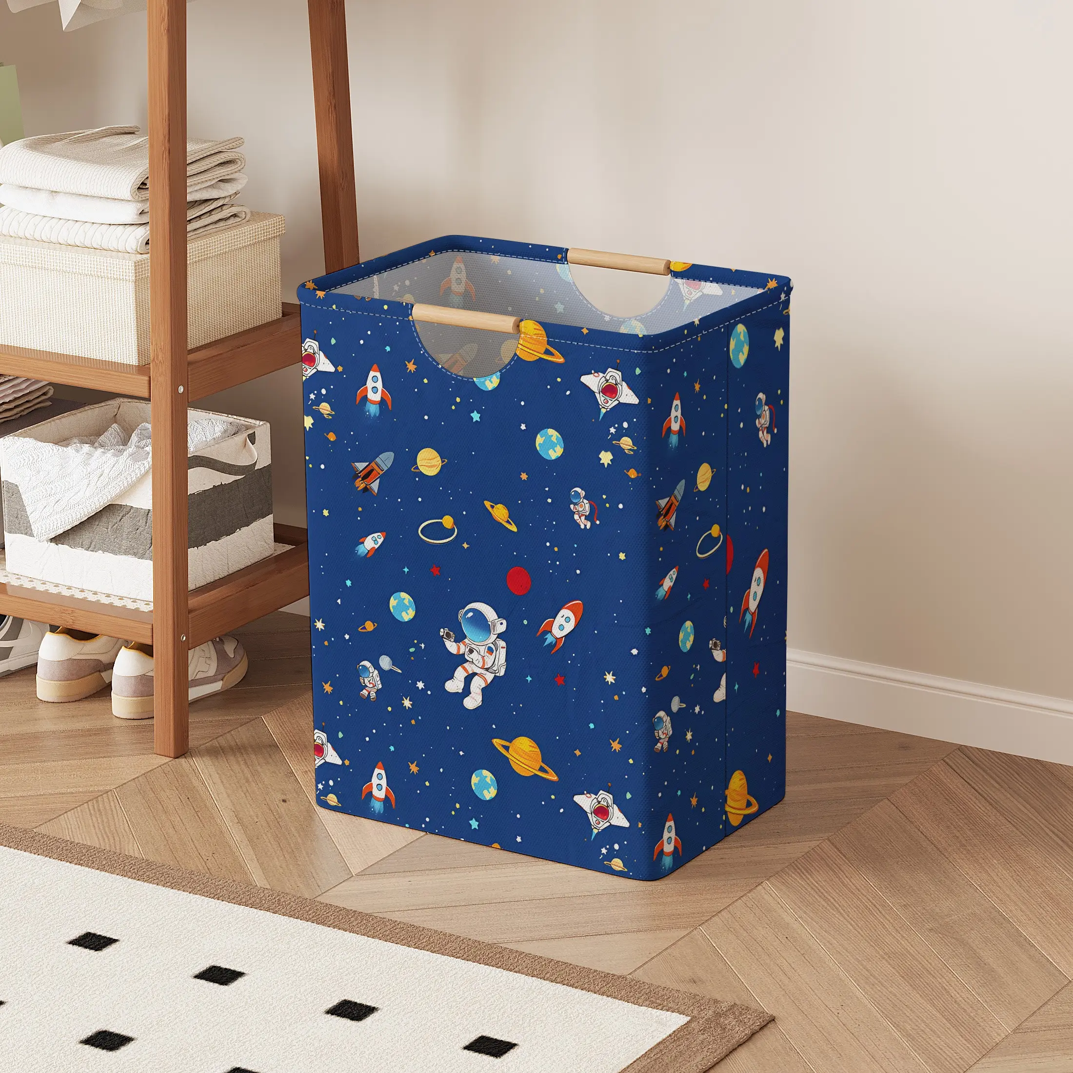 Astronaut Print Open Storage Box, Foldable Laundry Basket with Handle, Portable Storage Basket, Home Bathroom Collapsible Clothes Organizer Bucket, Collapsible Laundry Hamper, Astronaut Pattern, Convenient Handles