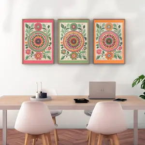 Set of Three Floral Mandala Prints - Pink Green and Orange - Zen Floral Prints - Meditation Room Decor - Colorful Boho Wall Décor